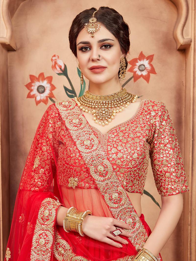 Red & Gold-Toned Embroidered Bridal Lehenga Choli with Dupatta