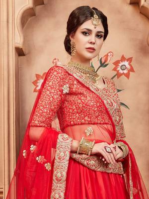 red & gold toned embroidered bridal lehenga set choli with dupatta with dupatta 5