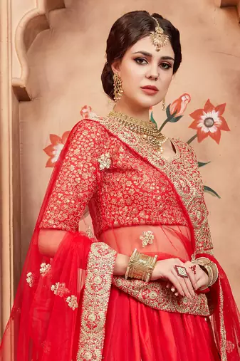 red & gold toned embroidered bridal lehenga set choli with dupatta with dupatta