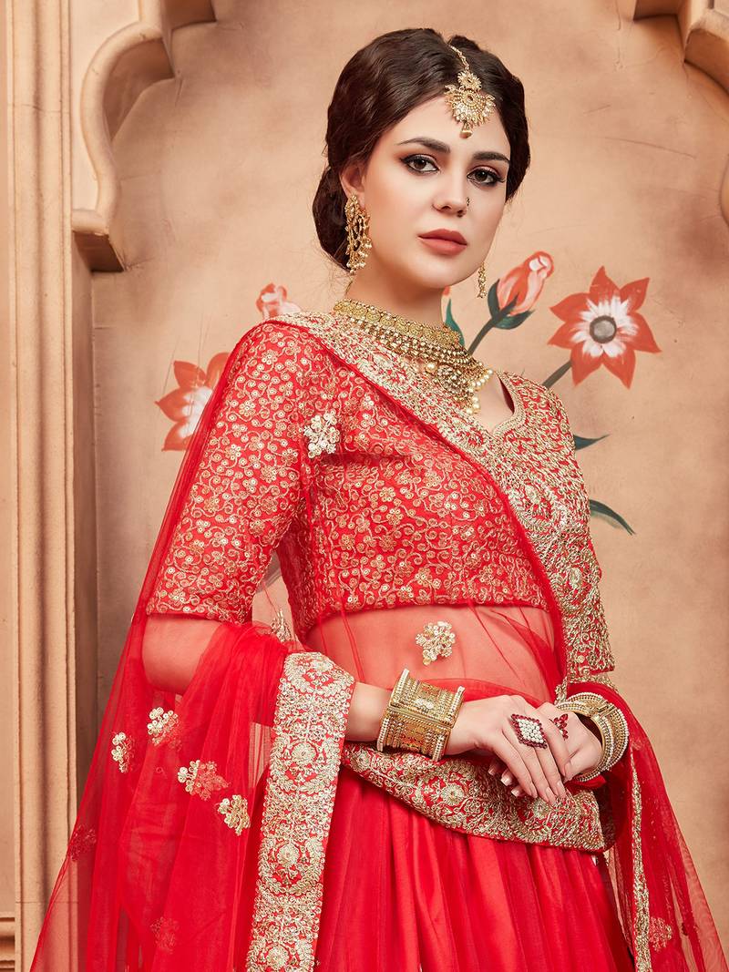 Red & Gold-Toned Embroidered Bridal Lehenga Choli with Dupatta