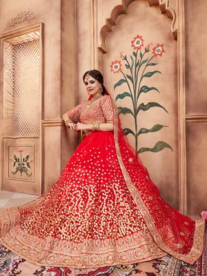 red & gold toned embroidered bridal lehenga set choli with dupatta with dupatta 6