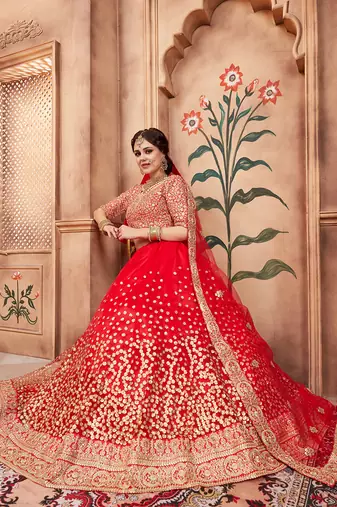 red & gold toned embroidered bridal lehenga set choli with dupatta with dupatta