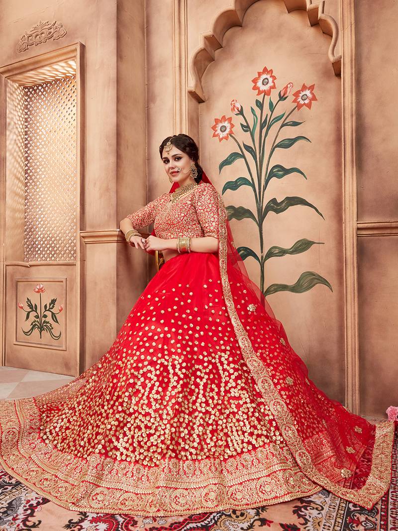 Red & Gold-Toned Embroidered Bridal Lehenga Choli with Dupatta