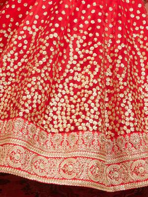 red & gold toned embroidered bridal lehenga set choli with dupatta with dupatta 7