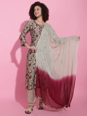 Off-White Modal Viscose Kurti Set With Dupatta 1