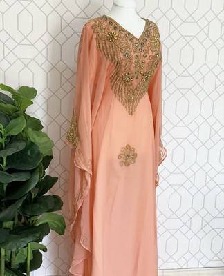 Peach Kaftan Georgette Embroidered Stone work Stitched Dress Party Wear Wedding Dresses 1