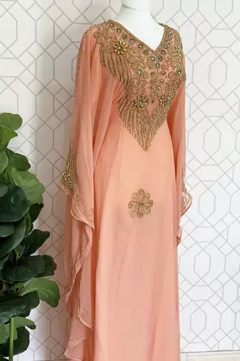 Peach Kaftan Georgette Embroidered Stone work Stitched Dress Party Wear Wedding Dresses