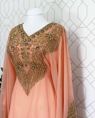 Peach Kaftan Georgette Embroidered Stone work Stitched Dress Party Wear Wedding Dresses 3