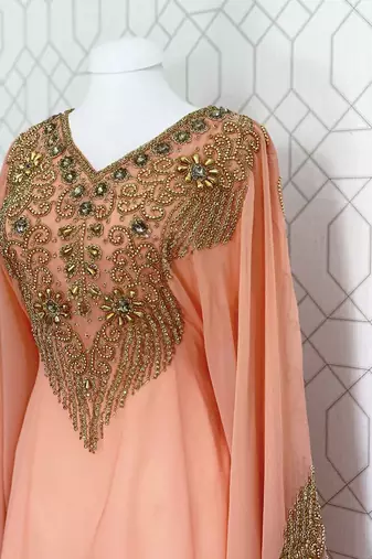 Peach Kaftan Georgette Embroidered Stone work Stitched Dress Party Wear Wedding Dresses