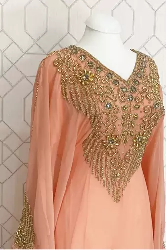 Peach Kaftan Georgette Embroidered Stone work Stitched Dress Party Wear Wedding Dresses