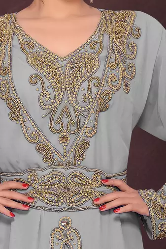 Grey color Full Sleeves Handmade Moroccan Kaftan 