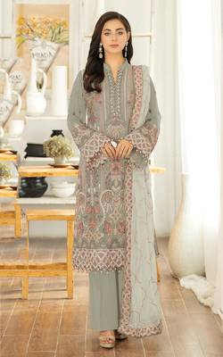 Light olive color embroideried faux georgette semi stitched salwar suit 1