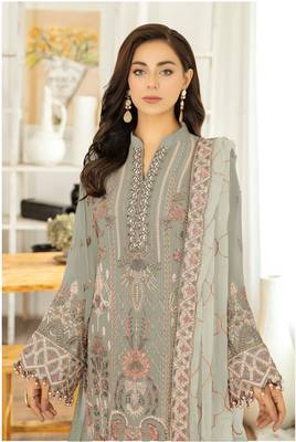 Light olive color embroideried faux georgette semi stitched salwar suit 2