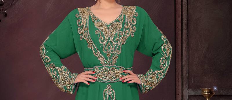 Dark Green color luxurious Full Sleeves Handmade Moroccan Kaftan.
