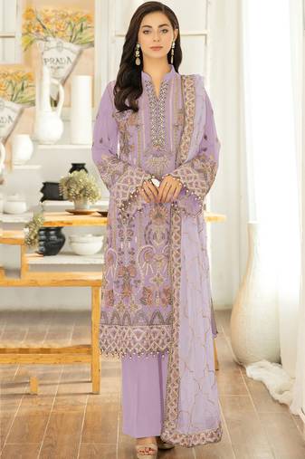 Light lavender color embroideried faux georgette semi stitched salwar suit