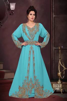 Cyan color Full Sleeves Handmade Moroccan Kaftan 1