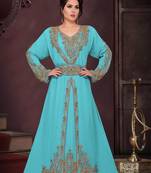 Cyan color luxurious Full Sleeves Handmade Moroccan Kaftan.