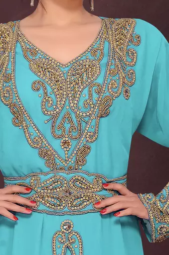 Cyan color Full Sleeves Handmade Moroccan Kaftan