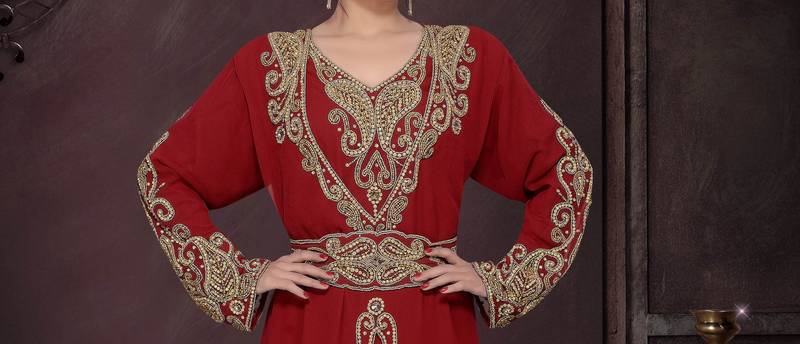Maroon color luxurious Full Sleeves Handmade Moroccan Kaftan.