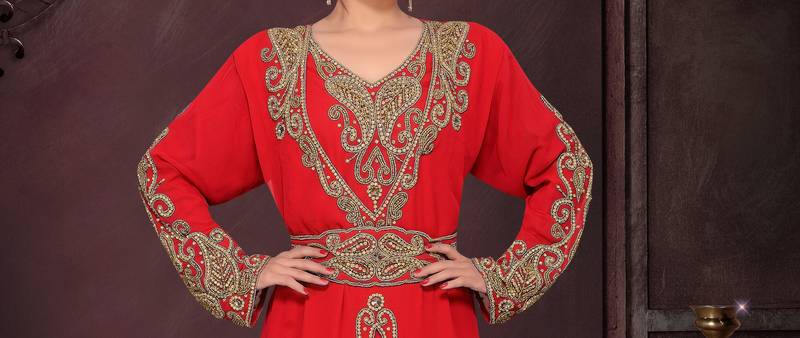 Red color luxurious Full Sleeves Handmade Moroccan Kaftan.