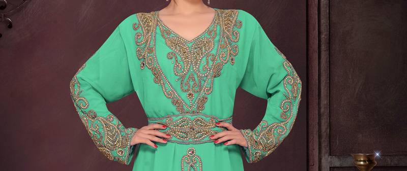 Sea Green color luxurious Full Sleeves Handmade Moroccan Kaftan .