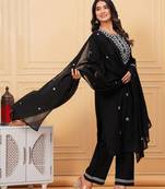 Womens cotton black & white embroidery work kurta and Palazzo with dupatta