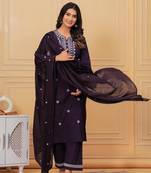 Womens cotton drak purple & white embroidery work kurta and Palazzo with dupatta