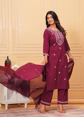 Womens cotton maroon & white embroidery work kurta and Palazzo with dupatta 1