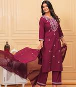 Womens cotton maroon & white embroidery work kurta and Palazzo with dupatta