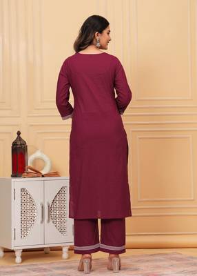 Womens cotton maroon & white embroidery work kurta and Palazzo with dupatta 2