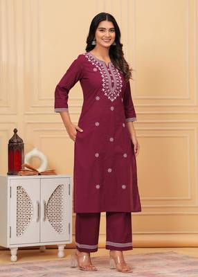 Womens cotton maroon & white embroidery work kurta and Palazzo with dupatta 3