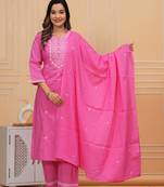 Womens cotton pink & white embroidery work kurta and Palazzo with dupatta