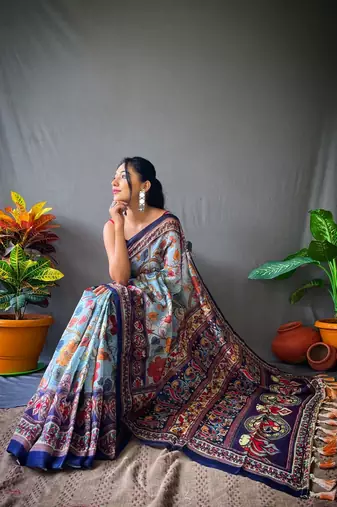 Aqua Blue Cotton Blend  Digital Printed Saree With Blouse 