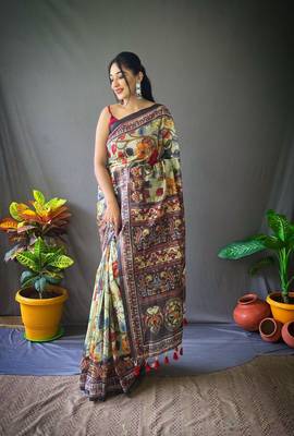 Aqua Green Cotton Blend Digital Printed Saree With Blouse  1