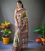 Aqua Green Cotton Blend Digital Printed Saree With Blouse 