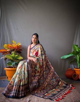 Aqua Green Cotton Blend Digital Printed Saree With Blouse  3