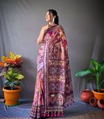 Peach Cotton Blend Printed Work Rich Pallu Saree With Blouse