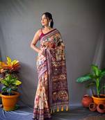 Cream Cotton Blend Printed Work &  Rich Pallu Saree With Blouse