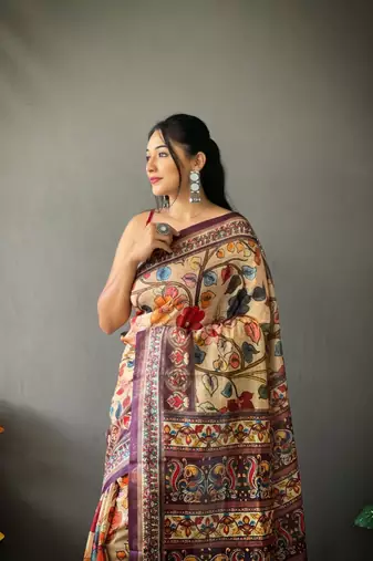 Cream Cotton Blend Printed Work &  Rich Pallu Saree With Blouse