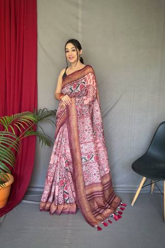 Marron Cotton Blend Printed Work Rich Pallu Saree With Blouse