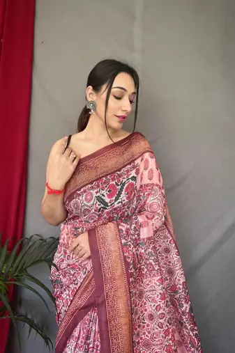 Marron Cotton Blend Printed Work Rich Pallu Saree With Blouse