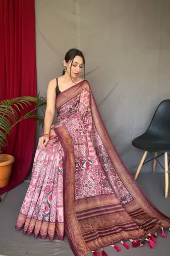 Marron Cotton Blend Printed Work Rich Pallu Saree With Blouse