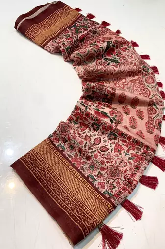 Marron Cotton Blend Printed Work Rich Pallu Saree With Blouse