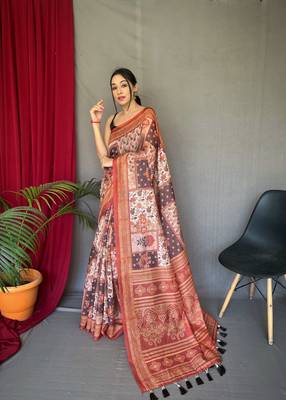 Orange Cotton Blend Printed Work Rich Pallu Saree With Blouse 1