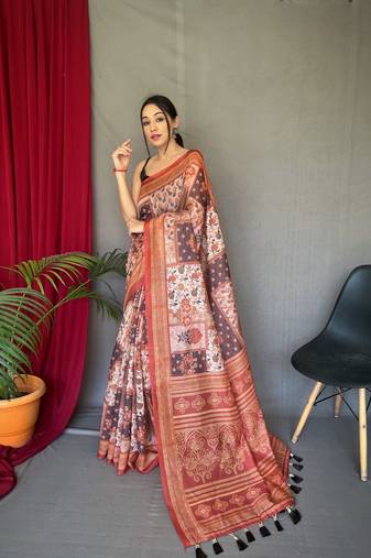 Orange Cotton Blend Printed Work Rich Pallu Saree With Blouse