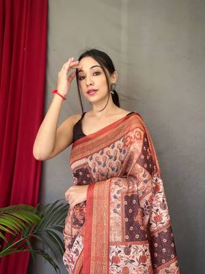 Orange Cotton Blend Printed Work Rich Pallu Saree With Blouse 2