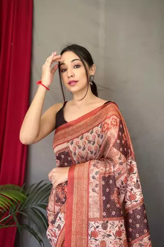 Orange Cotton Blend Printed Work Rich Pallu Saree With Blouse