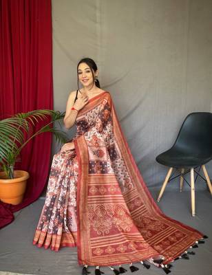 Orange Cotton Blend Printed Work Rich Pallu Saree With Blouse 3