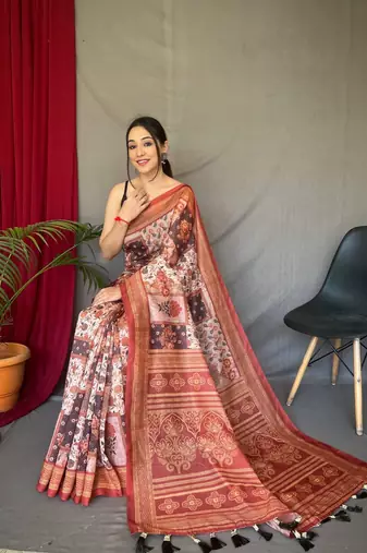 Orange Cotton Blend Printed Work Rich Pallu Saree With Blouse