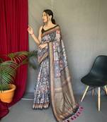 Women Black Cotton Blend Printed Work Pallu Saree With Blouse